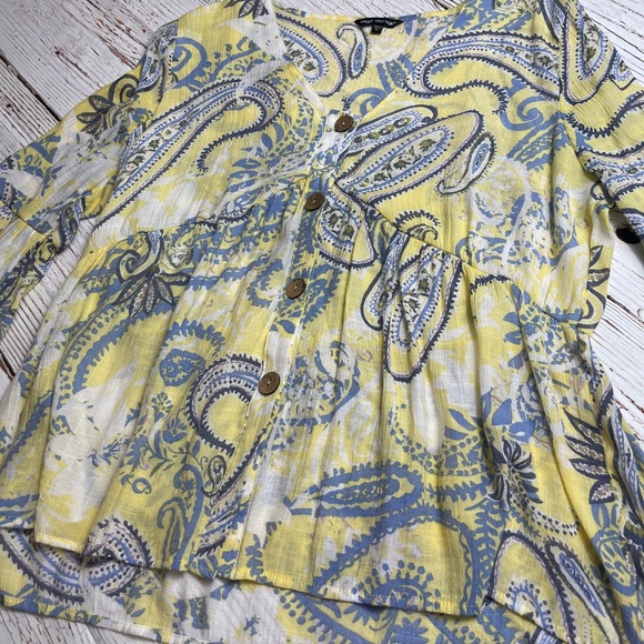 Yellow/blue pastel print Boho bell sleeve blouse - Picture 6 of 6